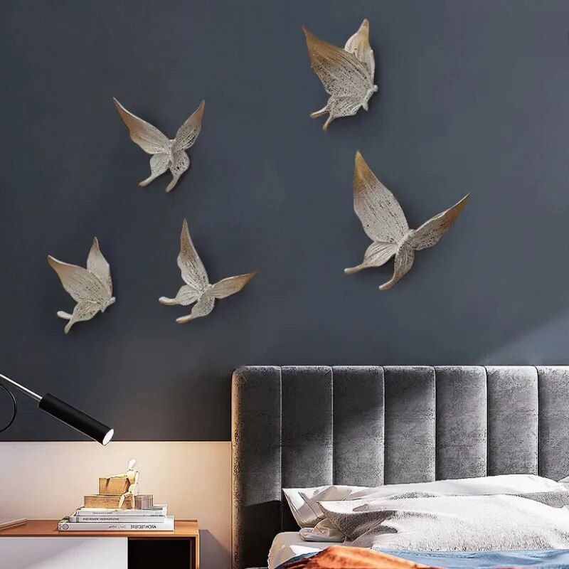 Elegant 5-Piece White & Gold 3D Butterfly Wall Decor - Resin Sculptures for Home