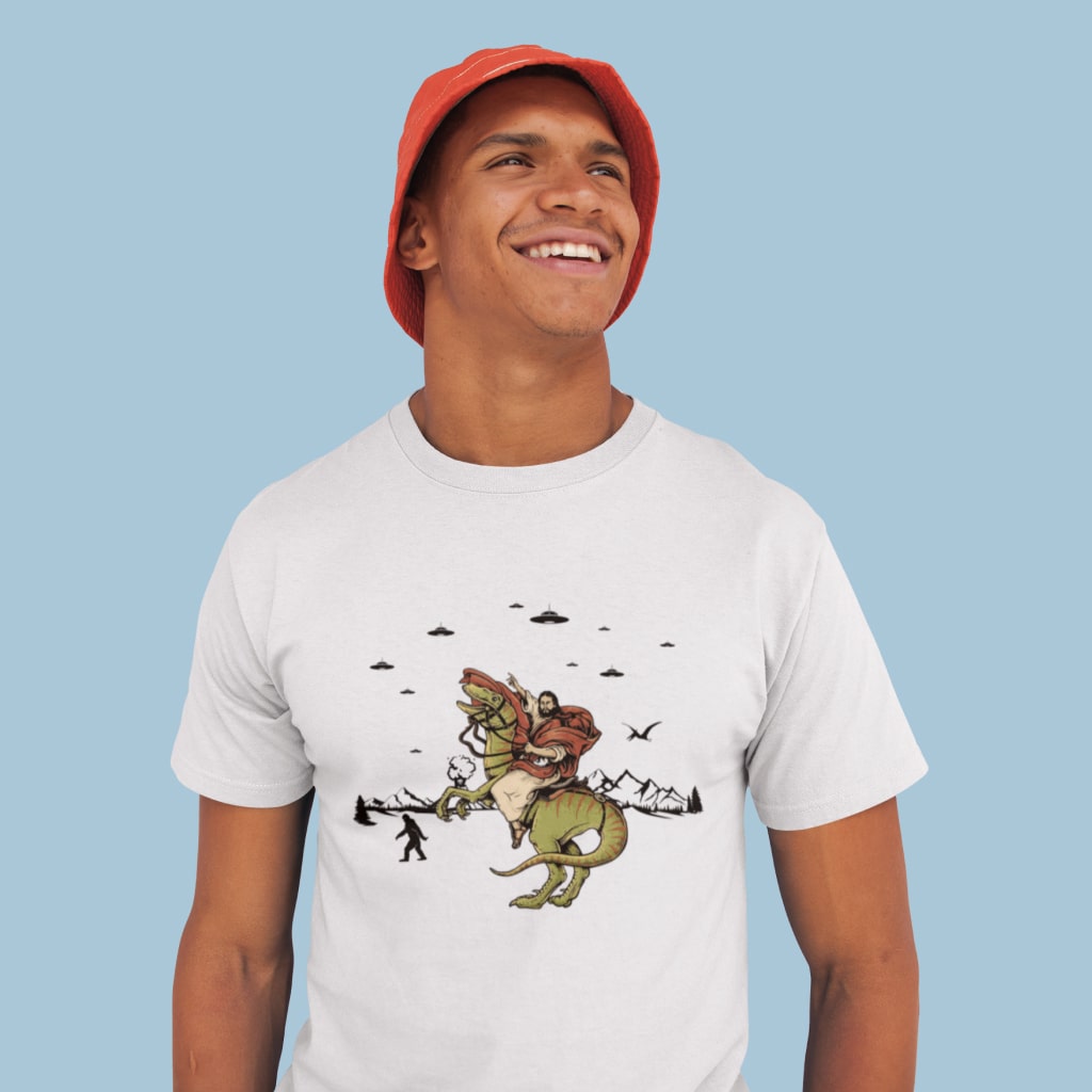 Jesus Riding Dinosaur T-Shirt Made in USA