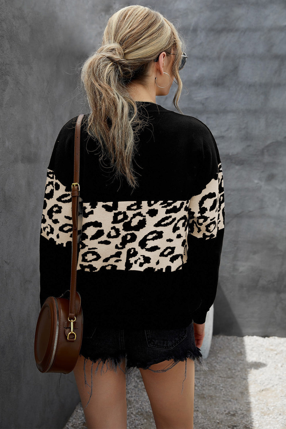 Leopard Color Block Dropped Shoulder Sweater