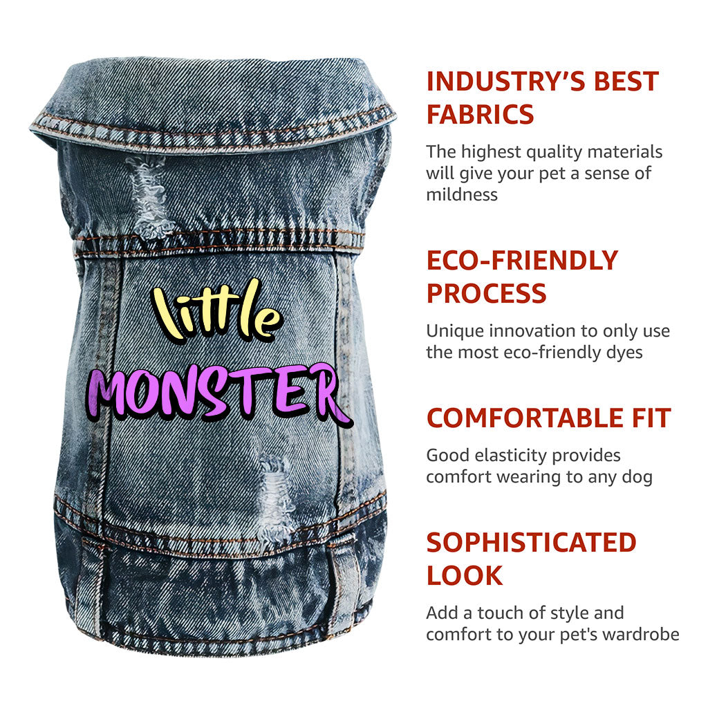 Little Monster Dog Denim Vest - Unique Dog Denim Jacket - Word Print Dog Clothing