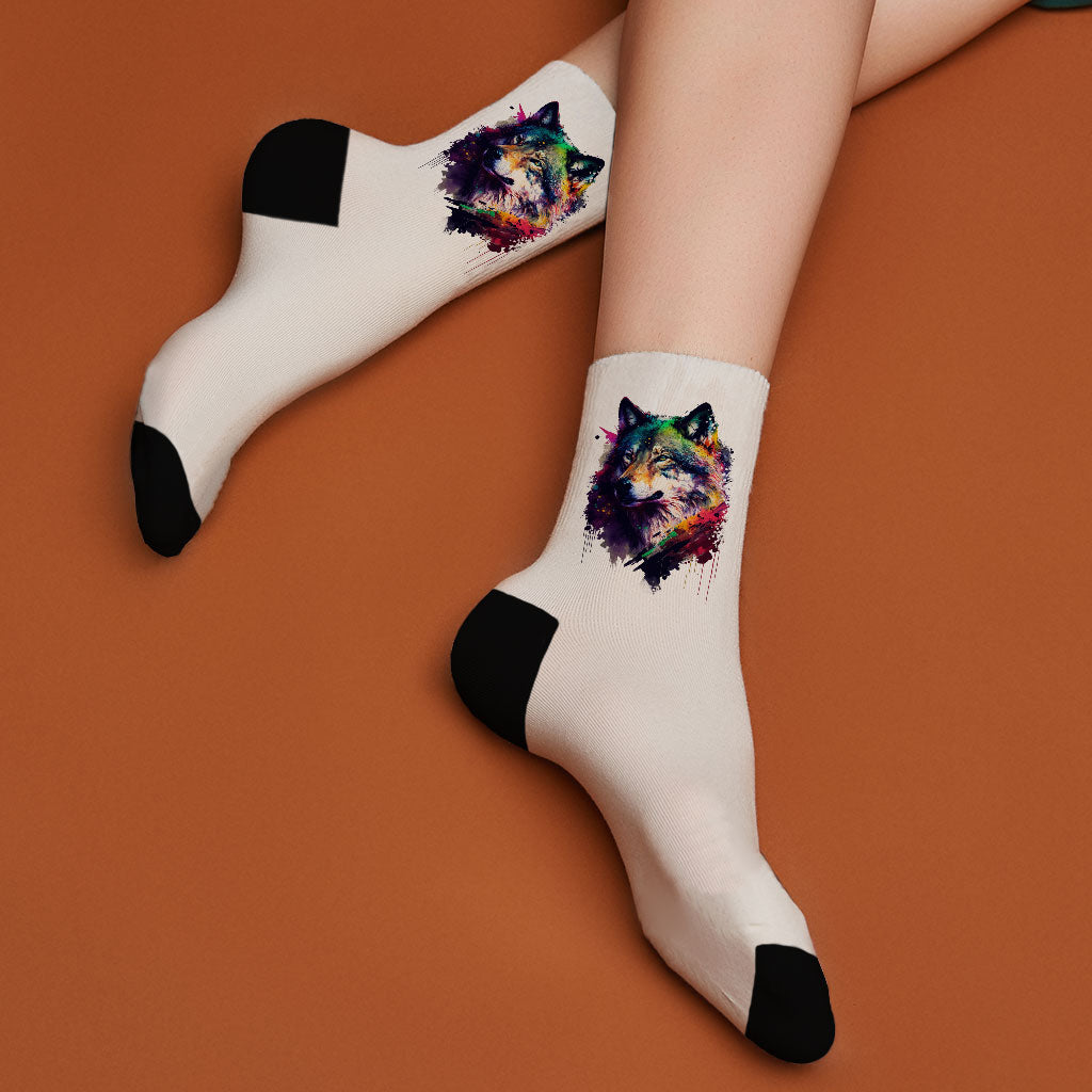 Colorful Wolf Socks - Cool Art Novelty Socks - Printed Crew Socks