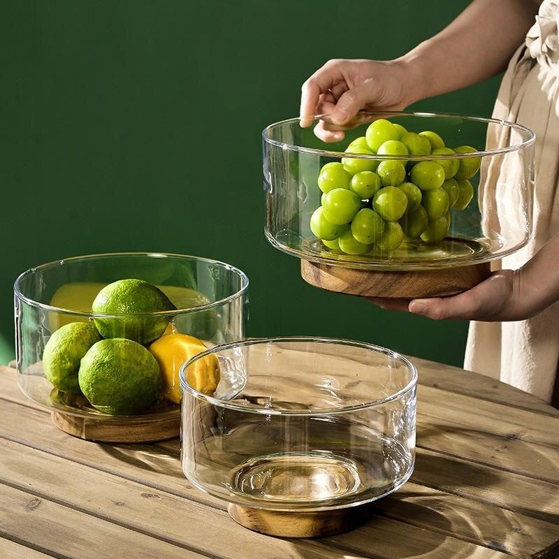 Glass Fruit Bowl with Wood Base - Elegant Tableware for Stylish Serving