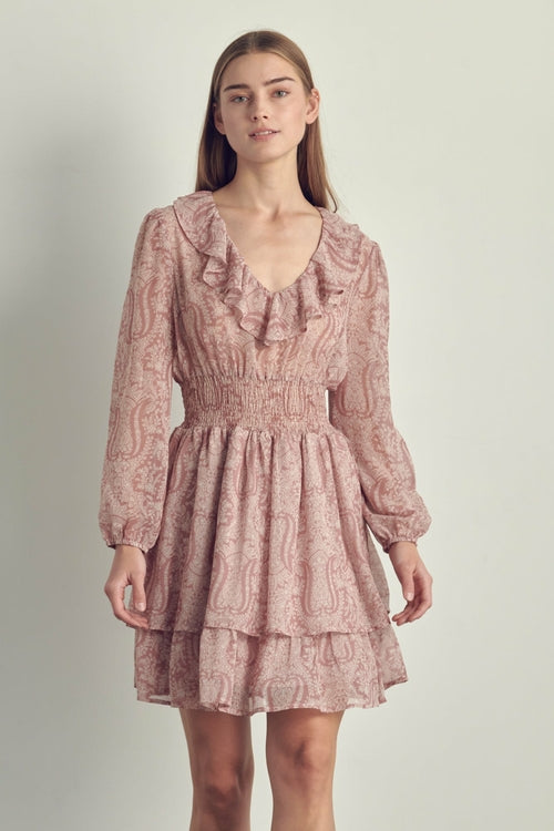 Ruffled neckline smock waisted long sleeve dress