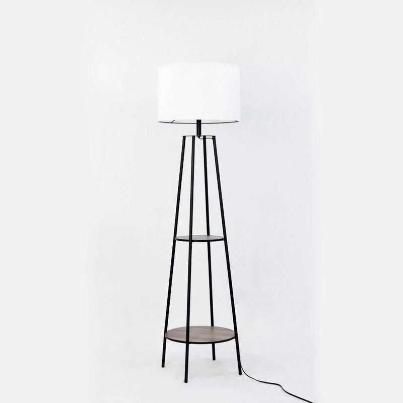 Elegant Black Floor Lamp with Wooden Shelves and LED Bulb