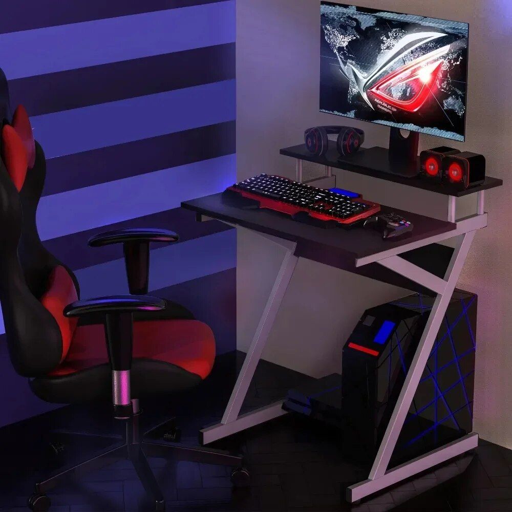 Compact Modern Z-Shaped Computer Desk with Monitor Shelf for Small Spaces