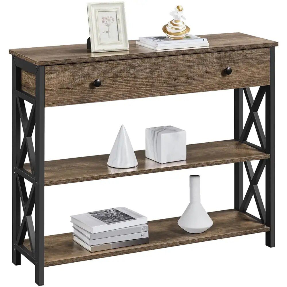 Elegant Taupe Wood and Dark Iron Console Table with Drawer and Shelves