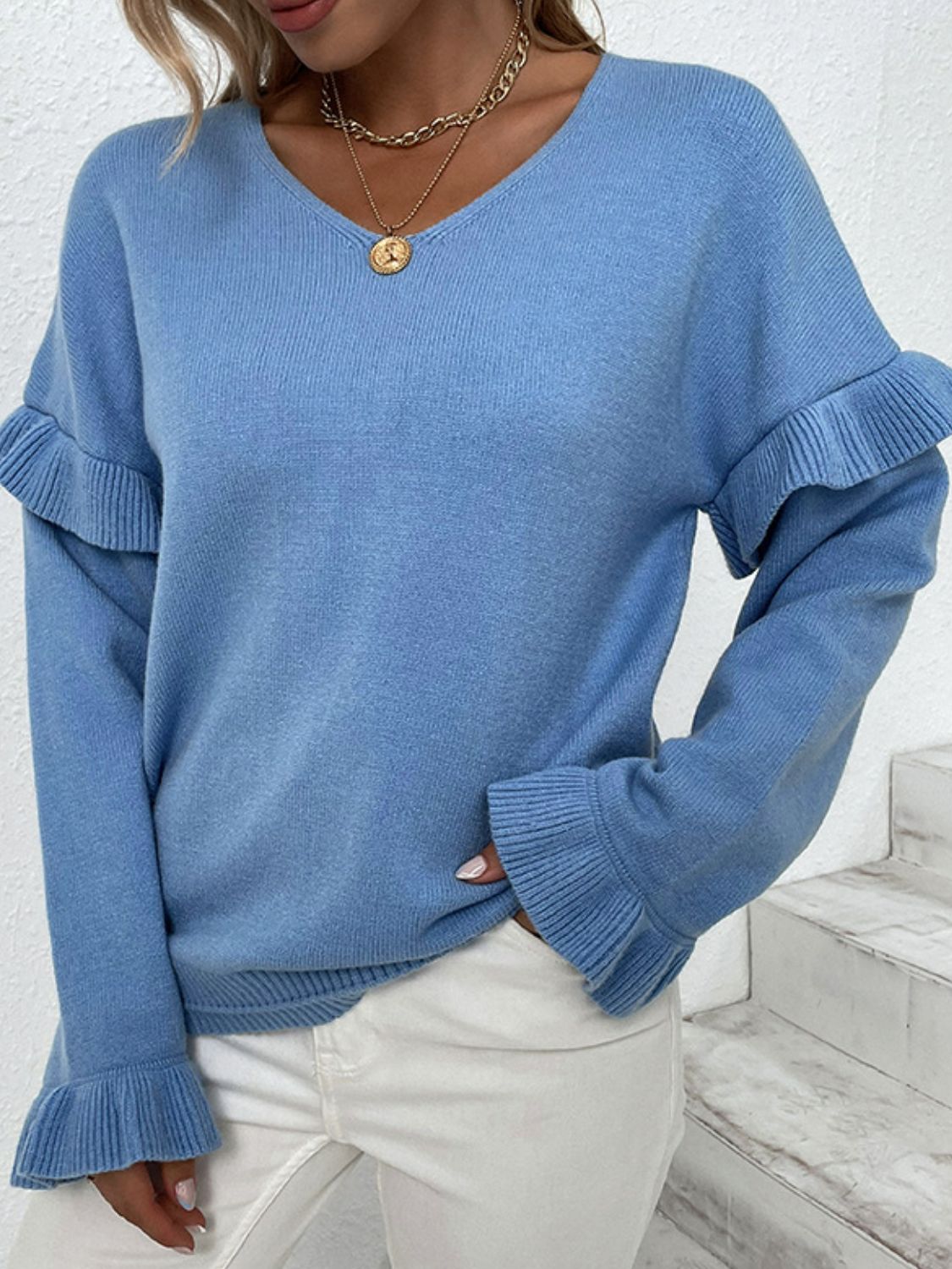 Layered Flounce Sleeve V-Neck Sweater (more color options)