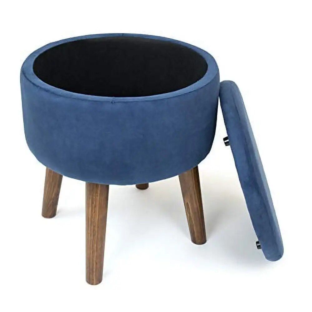 16-Inch Velour Round Storage Ottoman with Wooden Legs