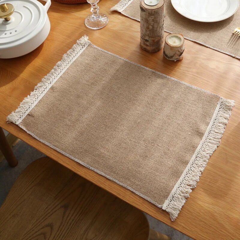 Elegant Jute & Linen Tassel Table Mats - Prairie Chic Rectangular Placemats for Home & Events