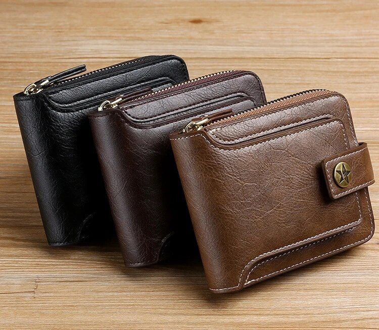 Classic Vintage Men's PU Leather Short Wallet with Zipper & Hasp Closure