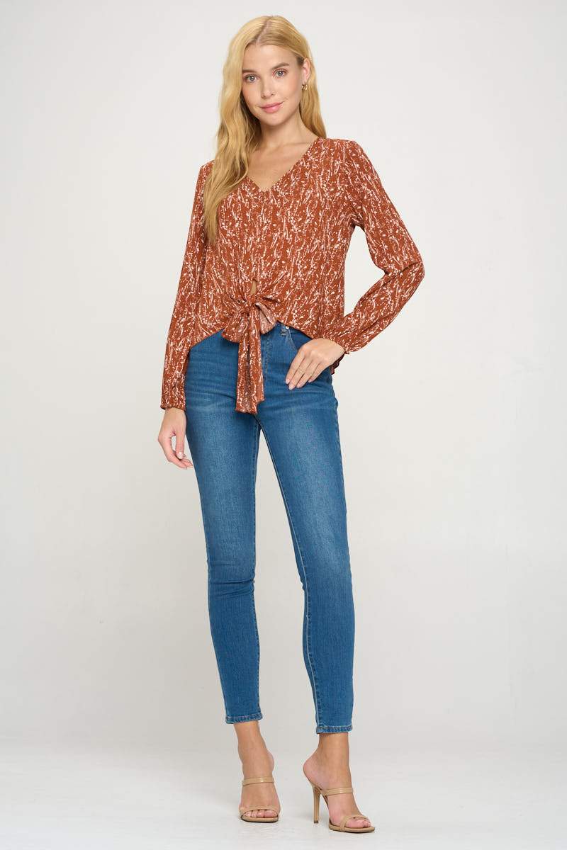 V Neck Long Sleeve Tie Front Pop Over Blouse Top