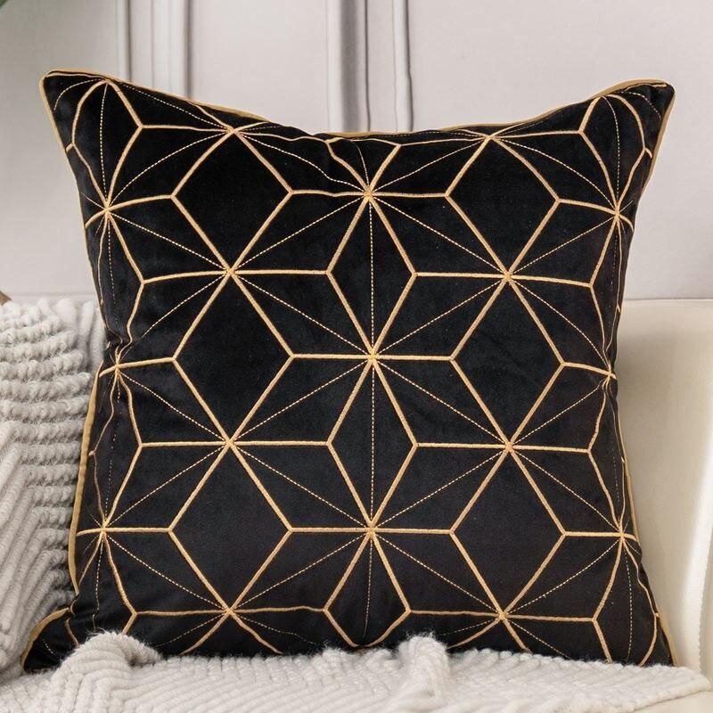 Geometric Plaid Embroidered Velvet Cushion Cover