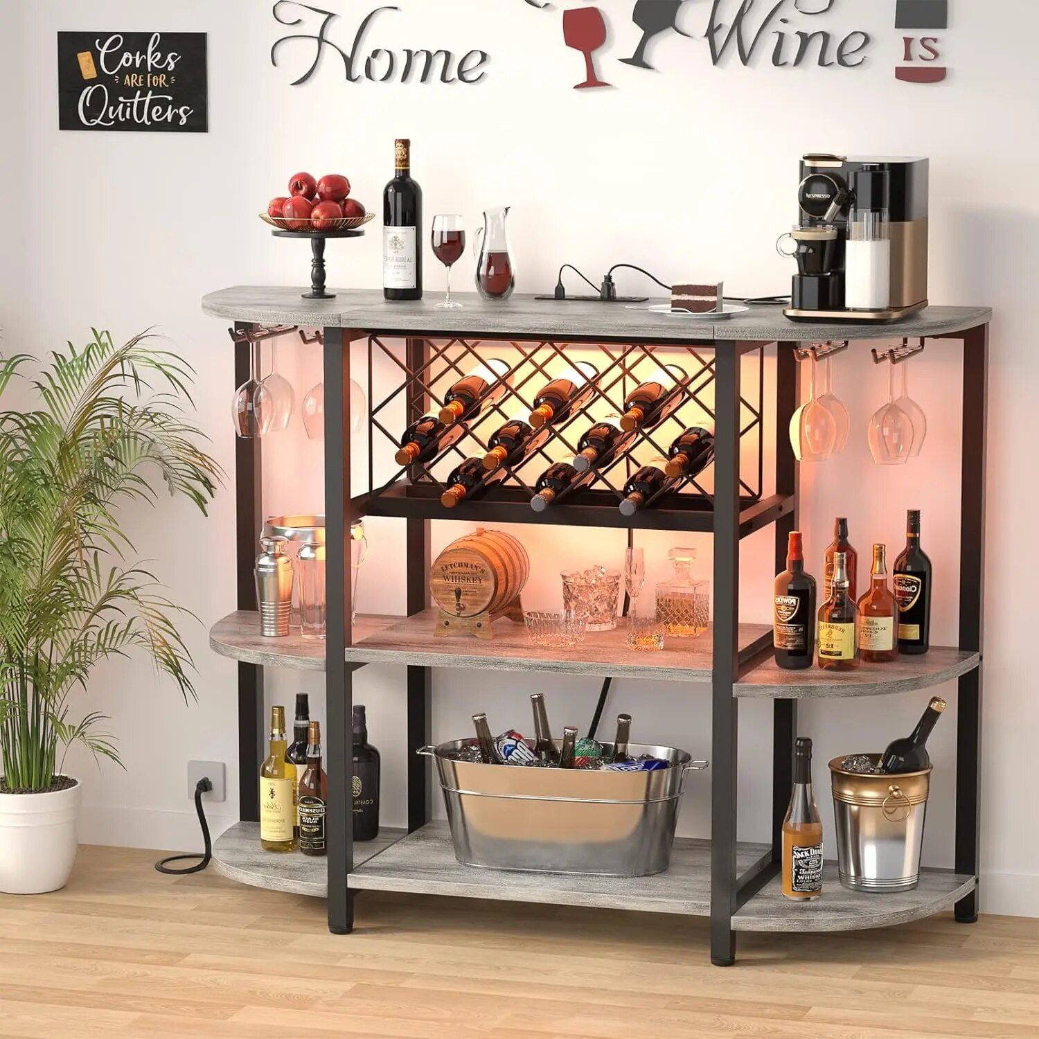 4-Tier Metal Coffee Bar Cabinet with Integrated Power Outlets and LED Lighting