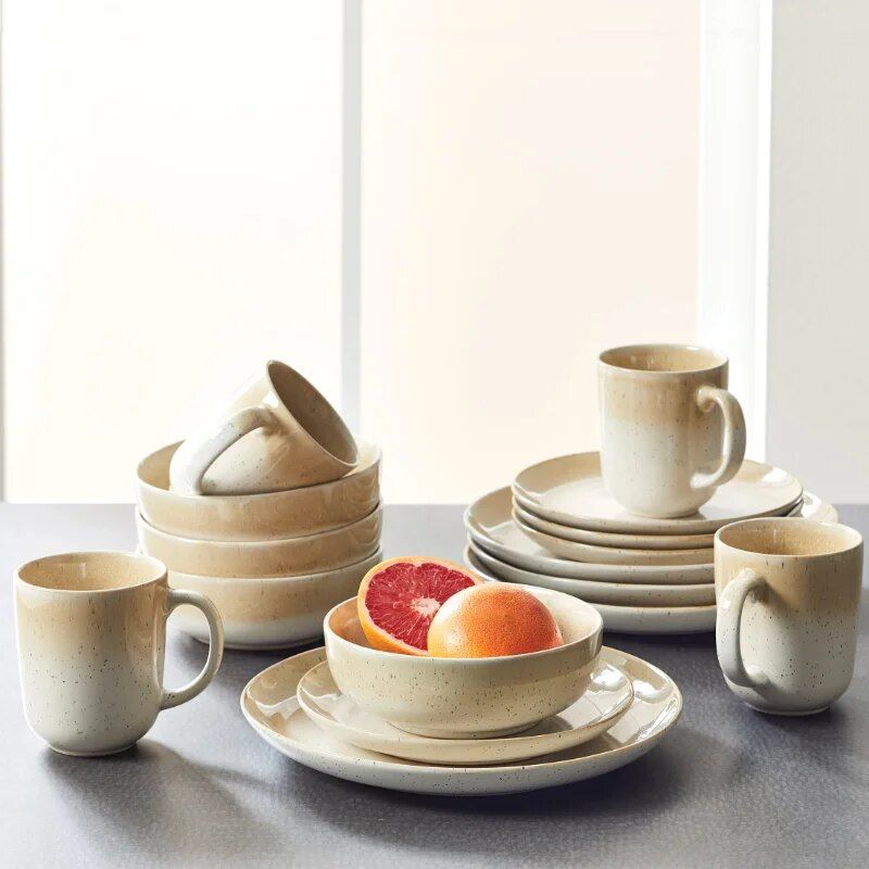 Elegant Beige Stoneware 16-Piece Dinner Set