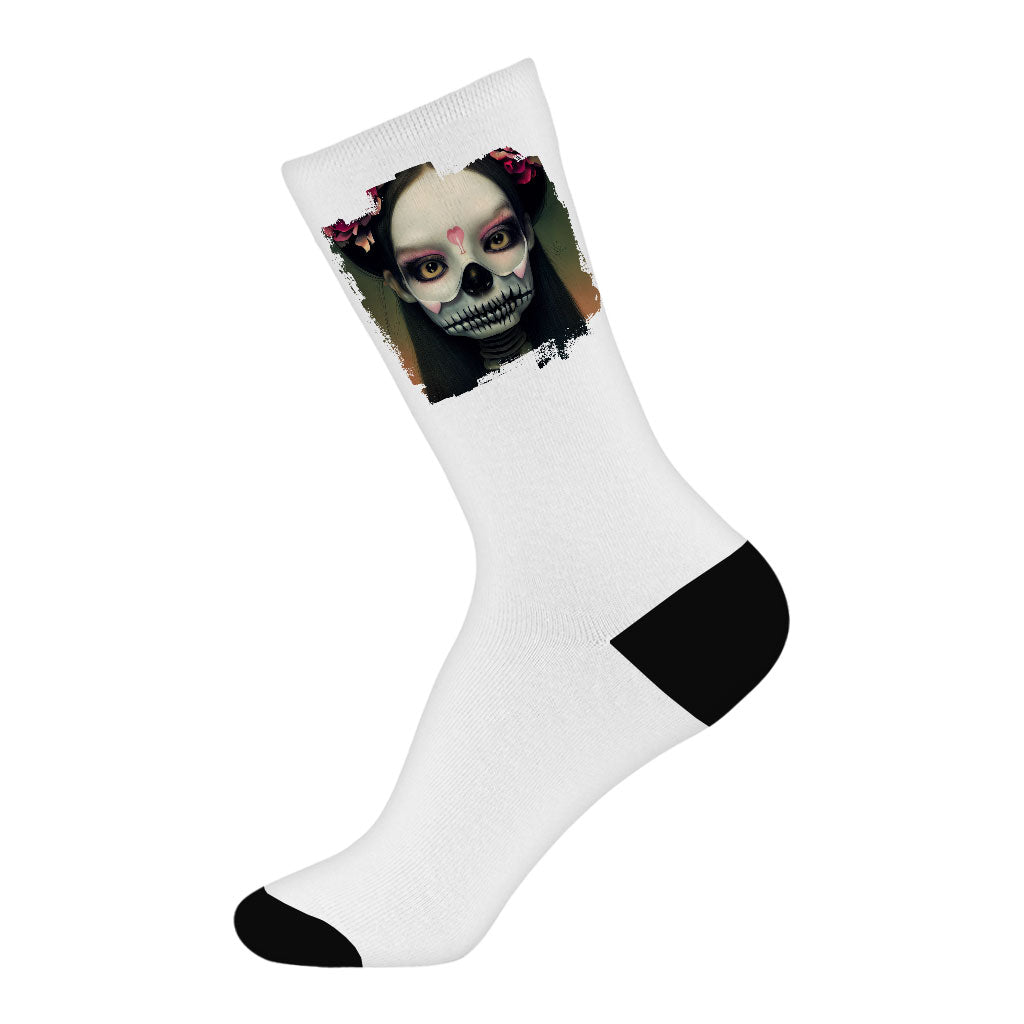 Skeleton Girl Socks - Gothic Novelty Socks - Artwork Crew Socks