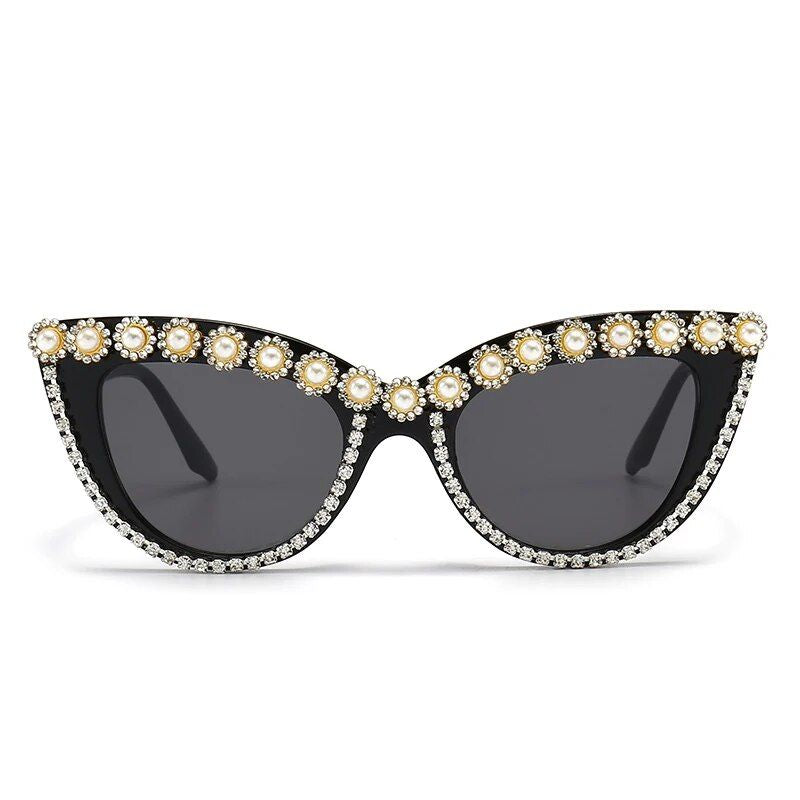 Chic Oversized Cat Eye Sunglasses with Pearl Diamond Detail – Fashion Anti-Blue Light Vintage Eyewear