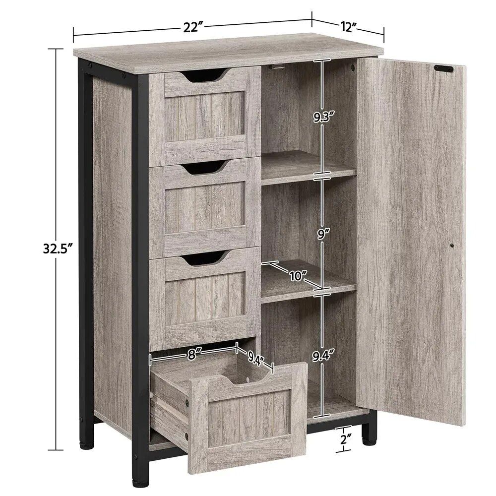 Elegant Gray Wooden Bathroom Storage Cabinet with 4 Drawers and Adjustable Shelves