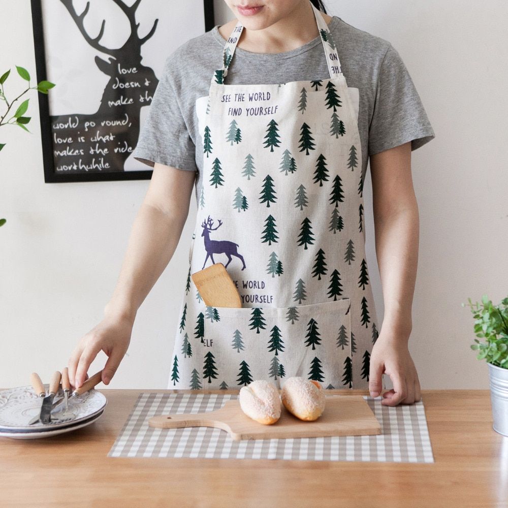 Festive Deer Print Cotton Apron with Pocket