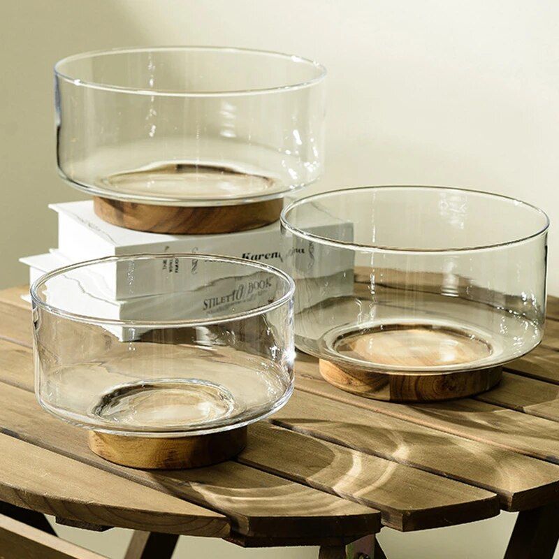 Glass Fruit Bowl with Wood Base - Elegant Tableware for Stylish Serving