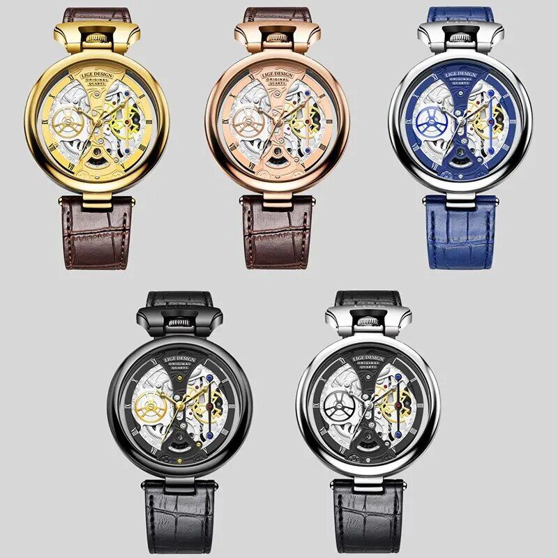 Elegant Casual Leather Skeleton Quartz Wrist Watch with Stainless Steel Case