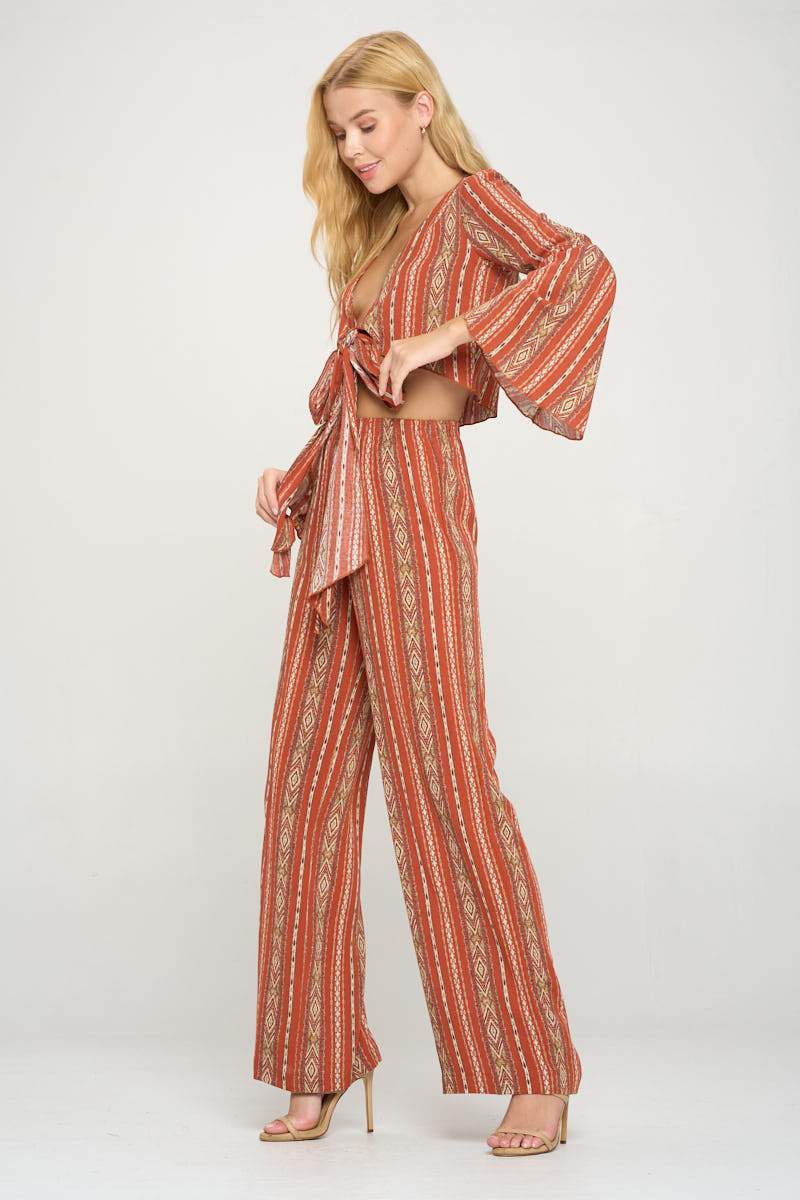 Cropped Boho Printed Bell Sleeved Cardigan And Palazzo Pant Set