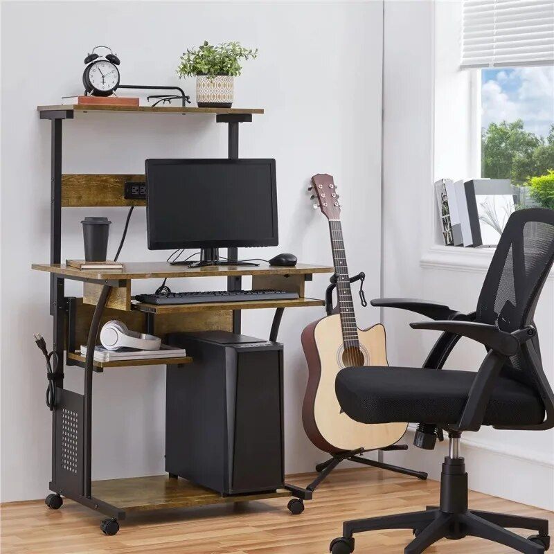 Multi-Functional 3-Tier Computer Desk with Charging Station & Printer Shelf