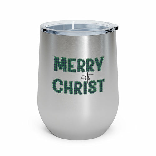 Insulated Tumbler - 12oz, Merry With Christ, Green Plaid Christmas