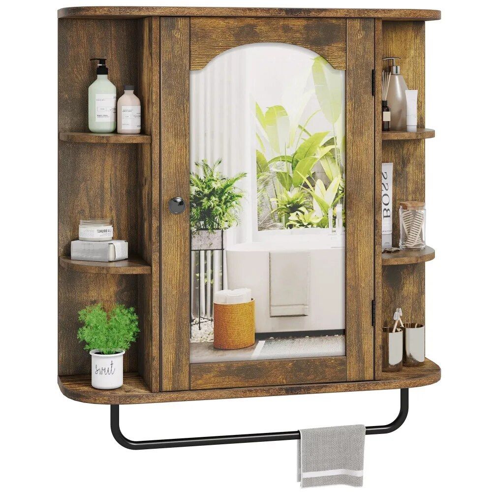 Wall-Mounted Brown Mirror Cabinet with Removable Shelf