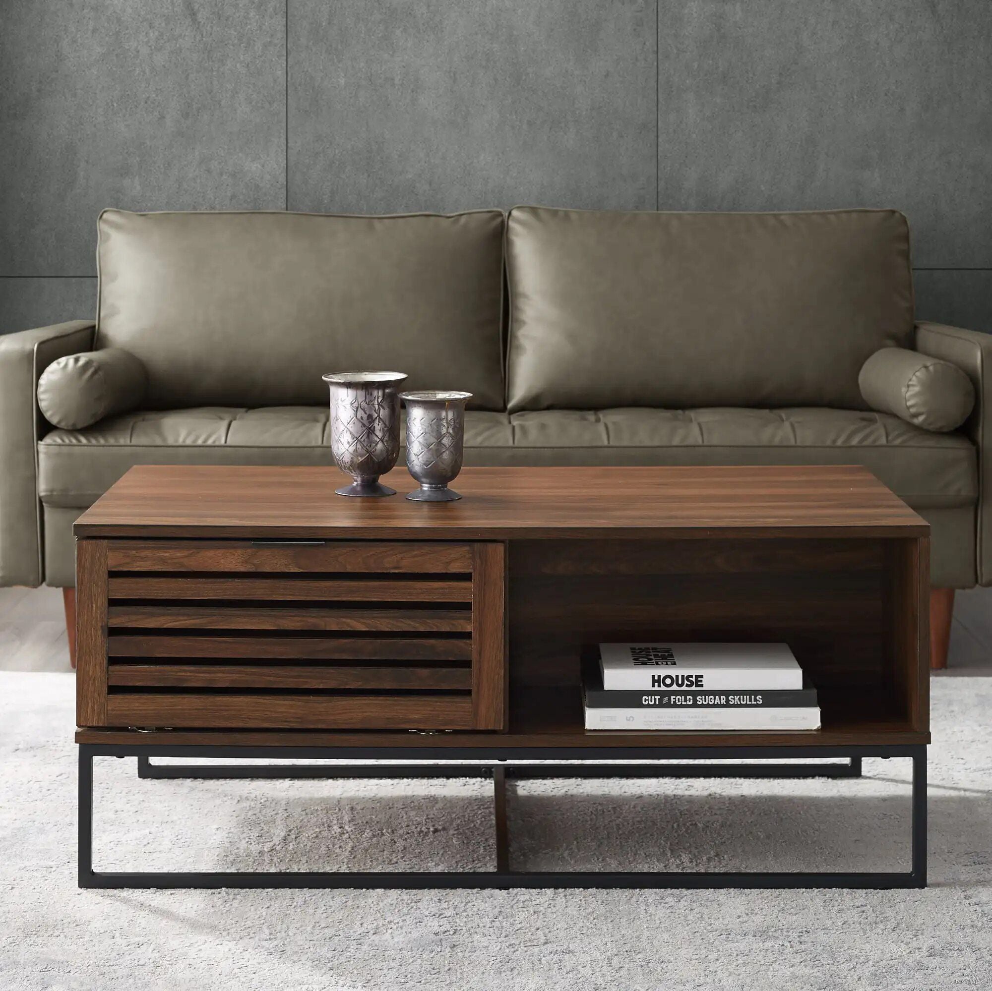 Dark Walnut Contemporary Storage Coffee Table with Slat Doors