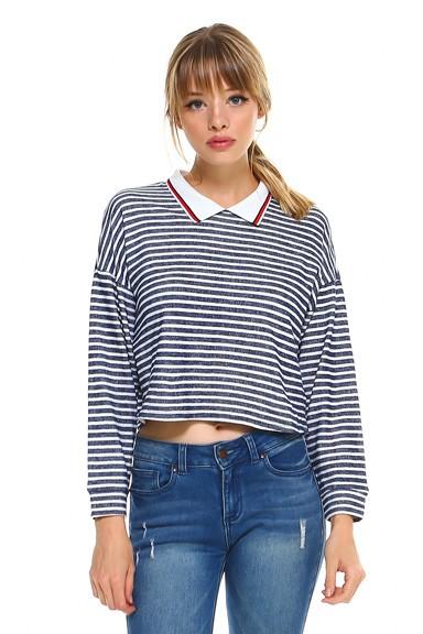 Cropped Long Sleeve Blue and White Stripe Polo Top