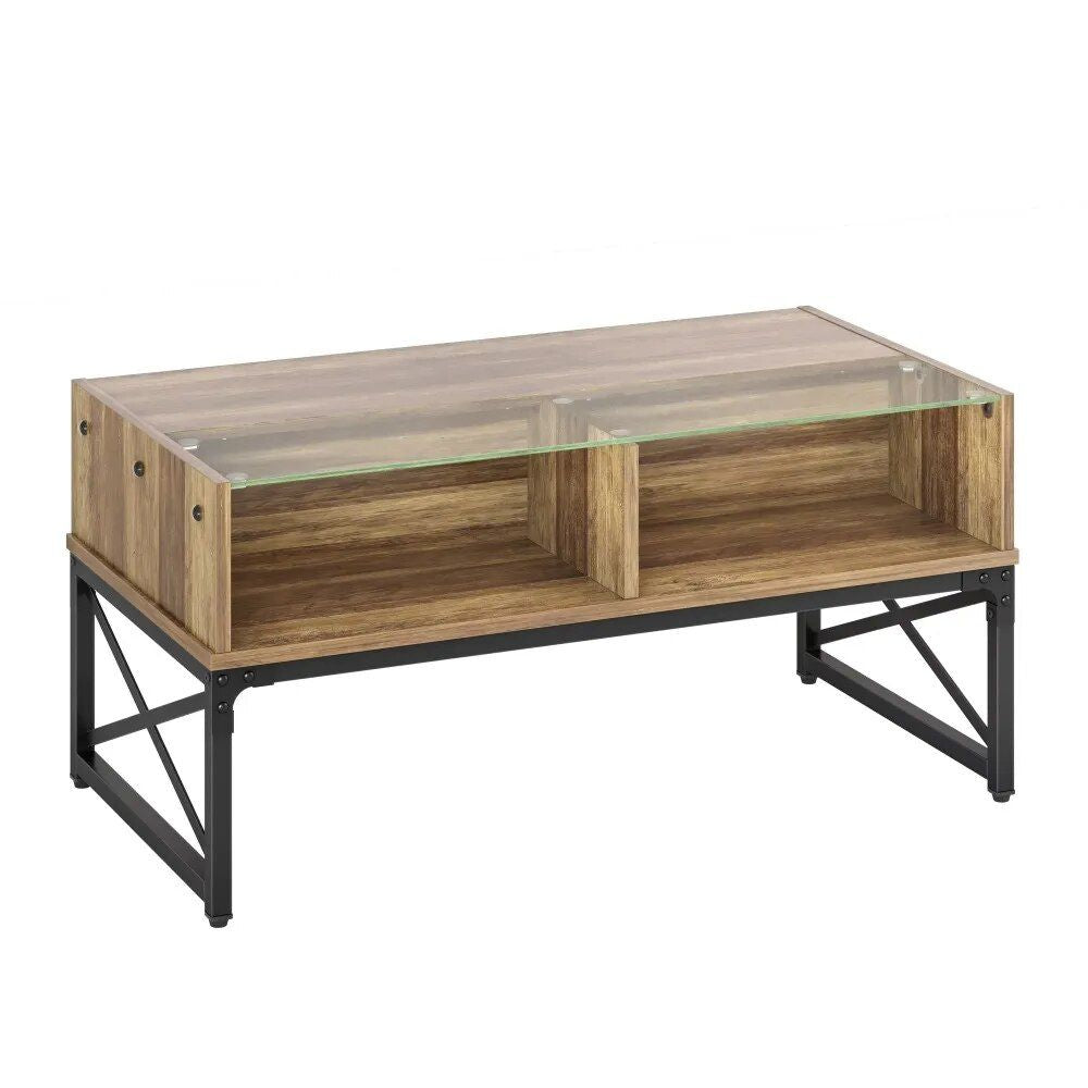 Rustic Oak Coffee Table with LED Lighting and Glass Shelf