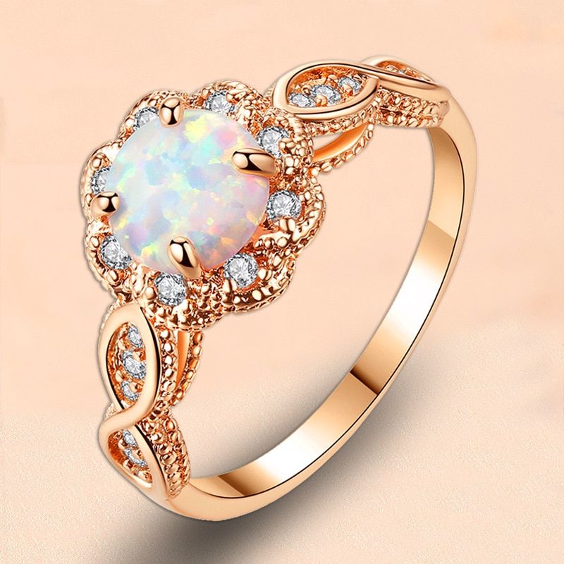 Elegant 18K Gold Plated White Fire Opal & Amethyst Ring