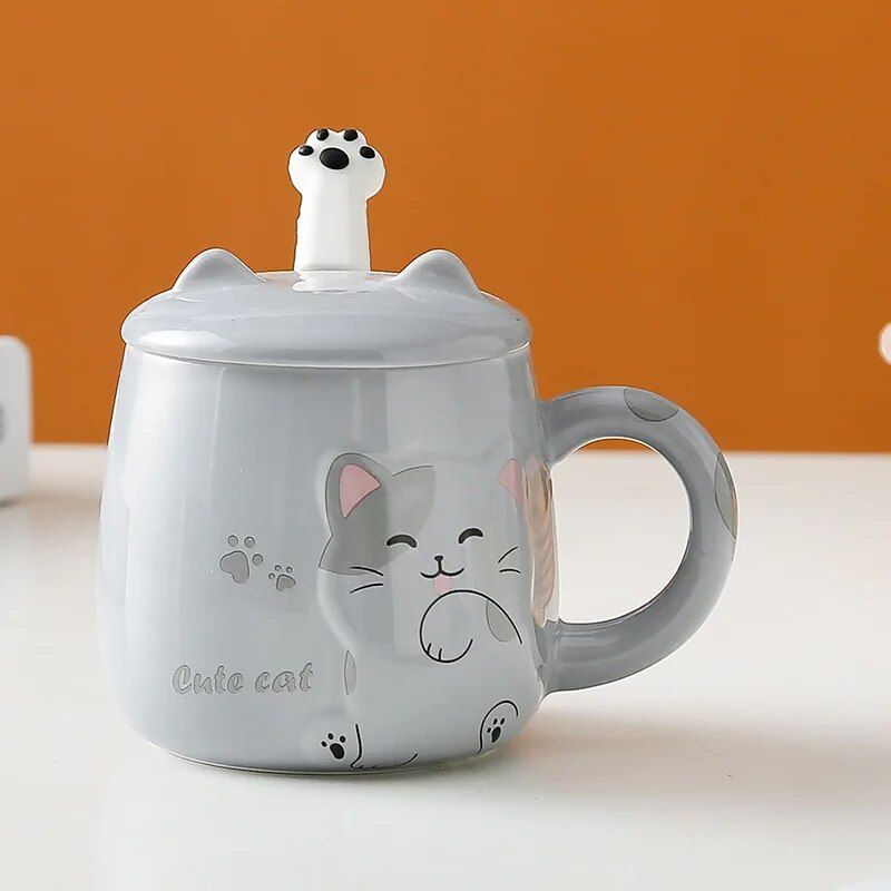 Cute Cartoon Cat Ceramic Mug with Lid and Spoon - Perfect for Office and Home Use