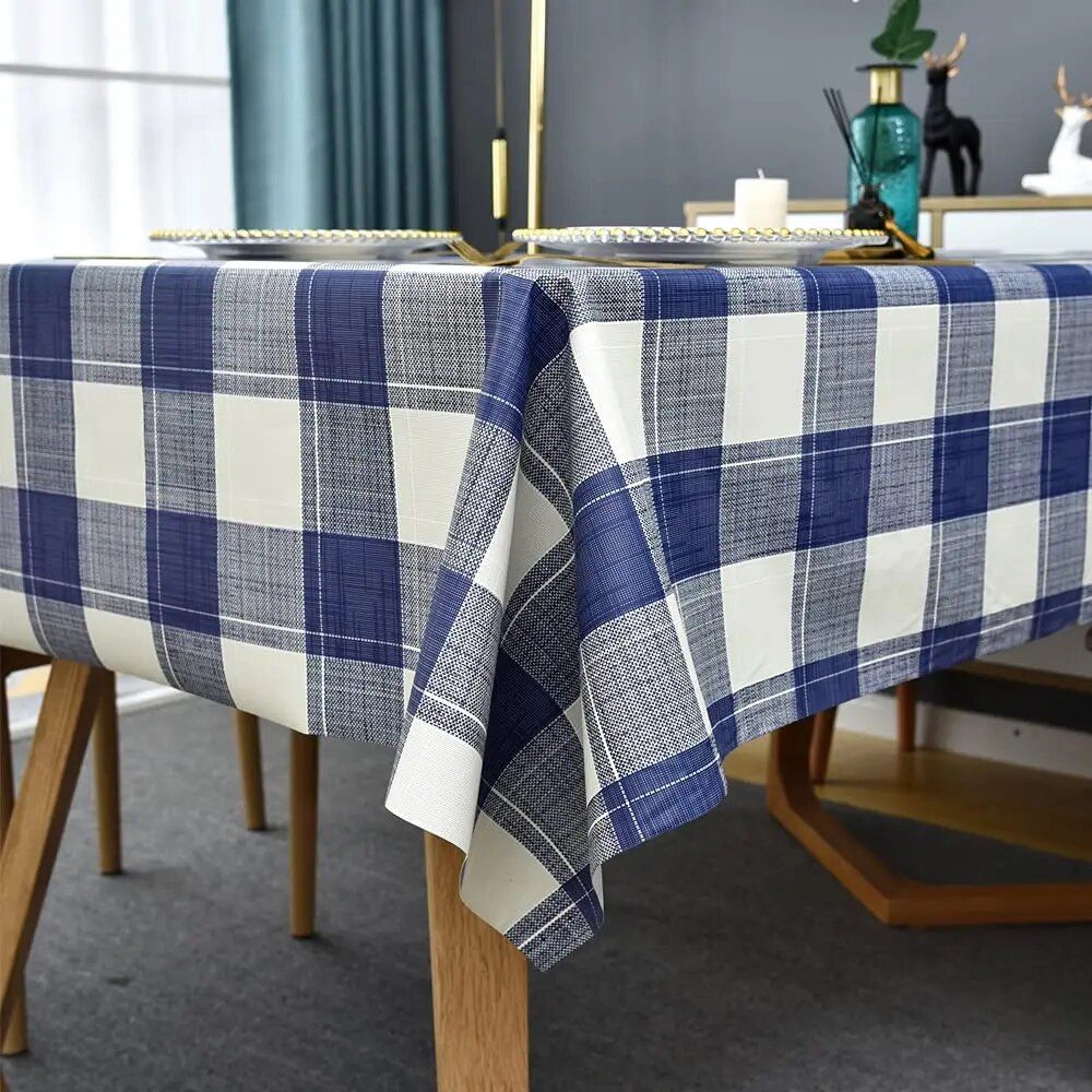 Modern Chic Blue, White & Gray Plaid Tablecloth