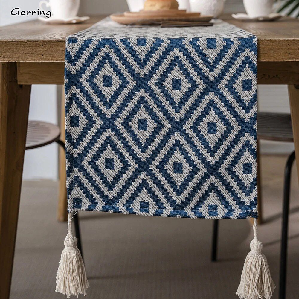 Elegant Nordic Jacquard Table Runner with Geometric Tassel Design