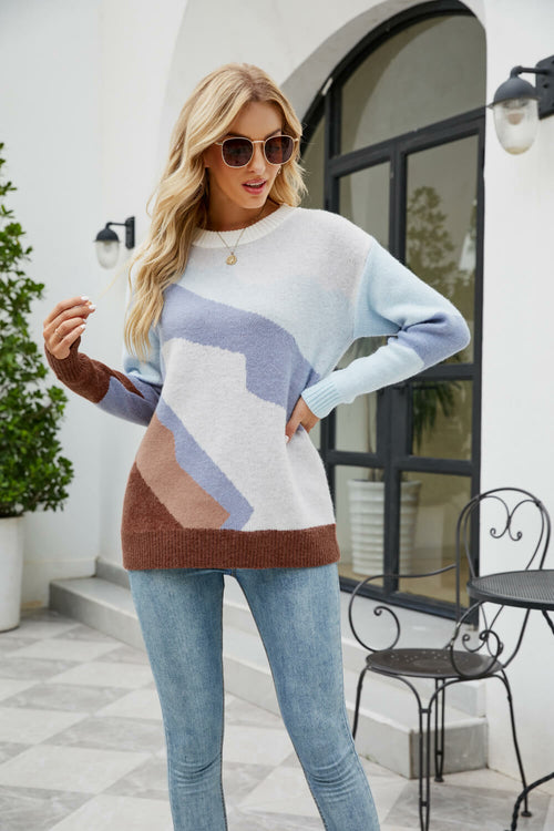 Color Block Dropped Shoulder Round Neck Tunic Sweater (more color