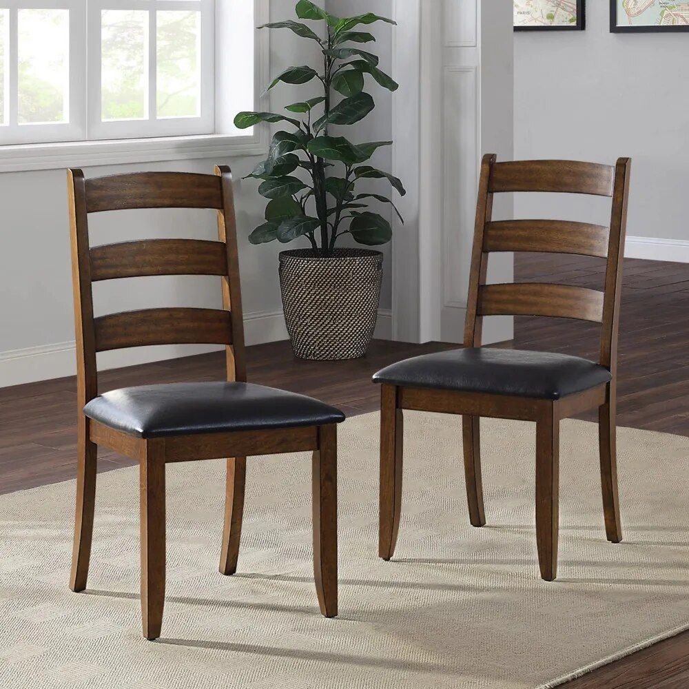 Modern Ladderback Dining Chairs Set of 2 - Aged Brown Ash with Faux Leather Seat