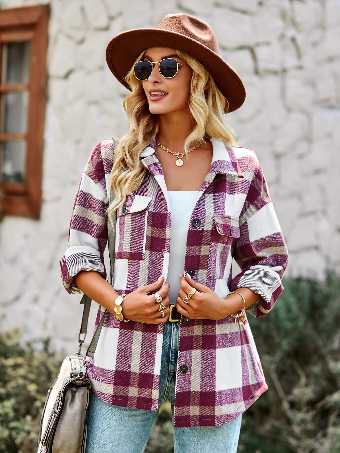 Plaid Dropped Shoulder Shirt Jacket with Breast Pockets