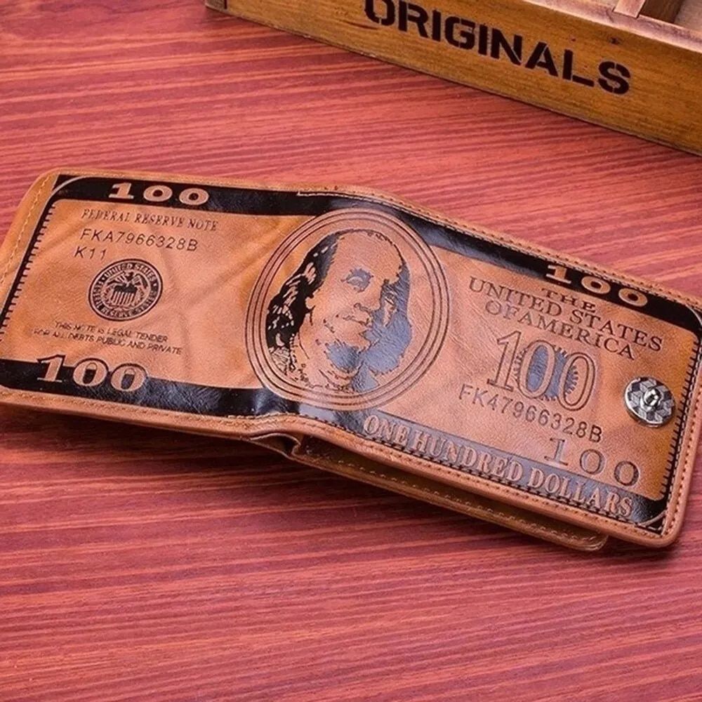 Stylish Men's Compact Wallet with 100 Dollar Bill Design and Multi-Card Slots