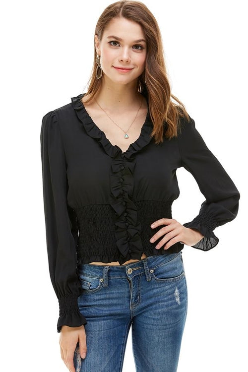 Ruffle Neck Smock Waist Long Sleeve Blouse