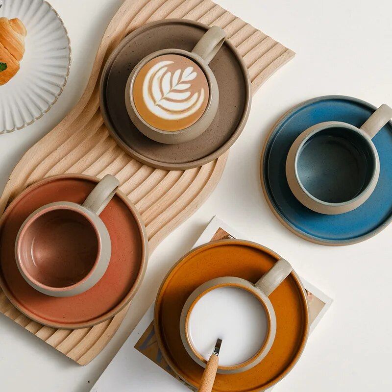 Japanese Style Ceramic Coffee Cup Set - Retro Rough Pottery Mugs and Plates for Afternoon Tea and Breakfast