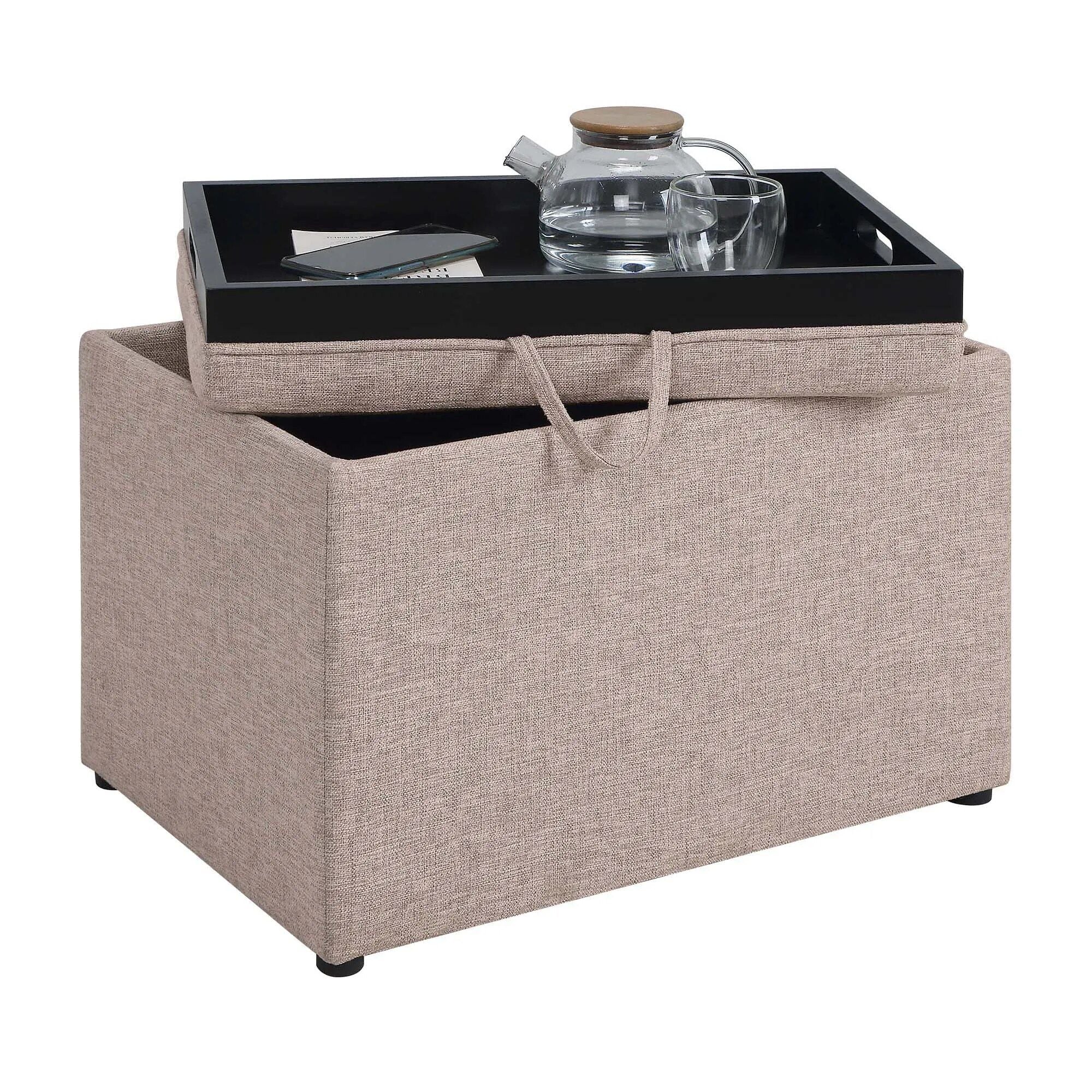 Multi-Functional Tan Fabric Ottoman with Reversible Tray and Storage