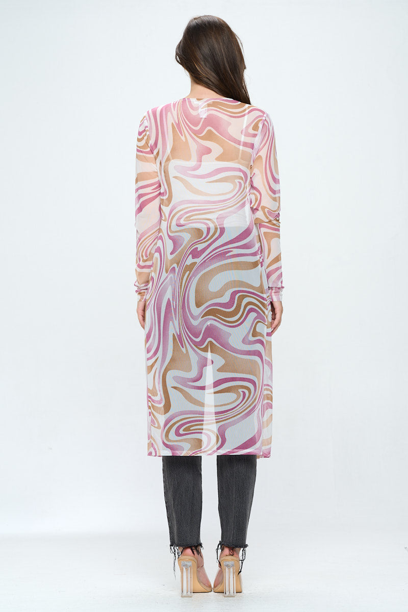 Long sleeve longline duster in swirl printed mesh