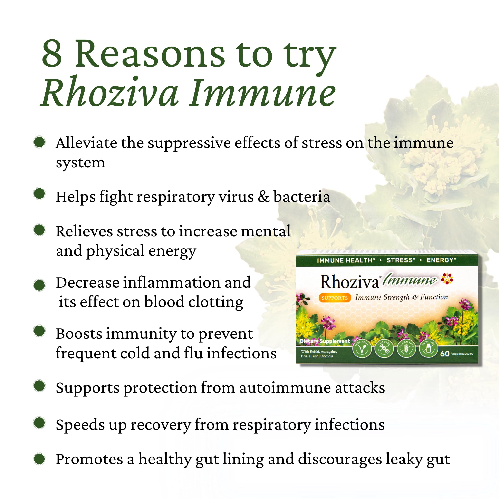 Rhoziva Immune. Immune System Booster Supplement, Stress & Energy Support. Rhodiola Rosea, Reishi Mushroom Extract, Astragalus, Prunella. Vitamins & Minerals. 60 Capsules. (Pack of 1)