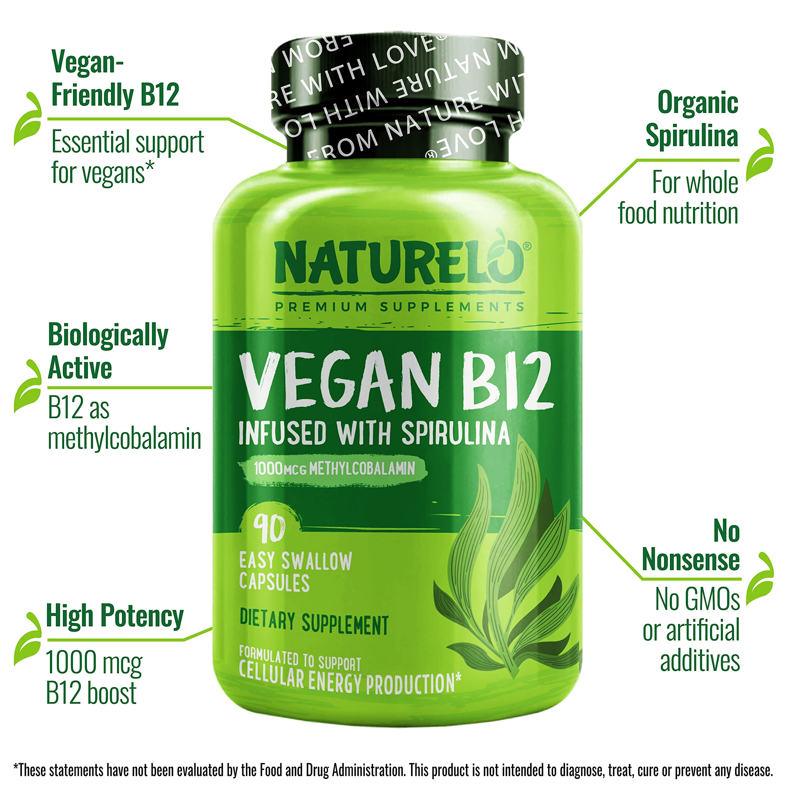 NATURELO Vegan B12 - Methyl B12 with Organic Spirulina - High Potency Vitamin B12 1000 mcg Methylcobalamin - Supports Healthy Mood, Energy, Heart & Eye Health - 90 Capsules