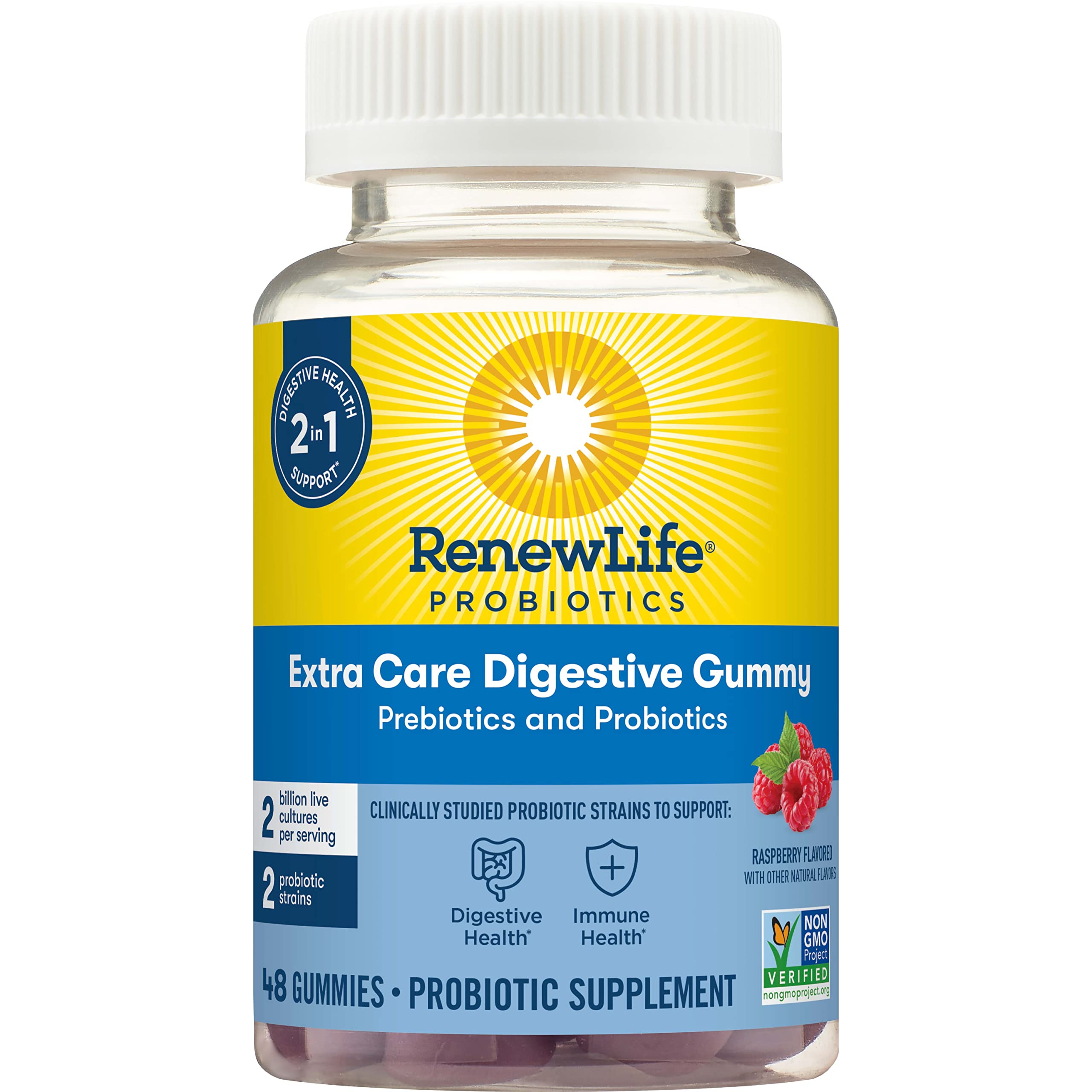 Renew Life Probiotic Gummies, Extra Care Digestive & Immune Support, with Prebiotics and Probiotics, 2 Billion CFU, Vegan & Gluten Free, 48 Gummies