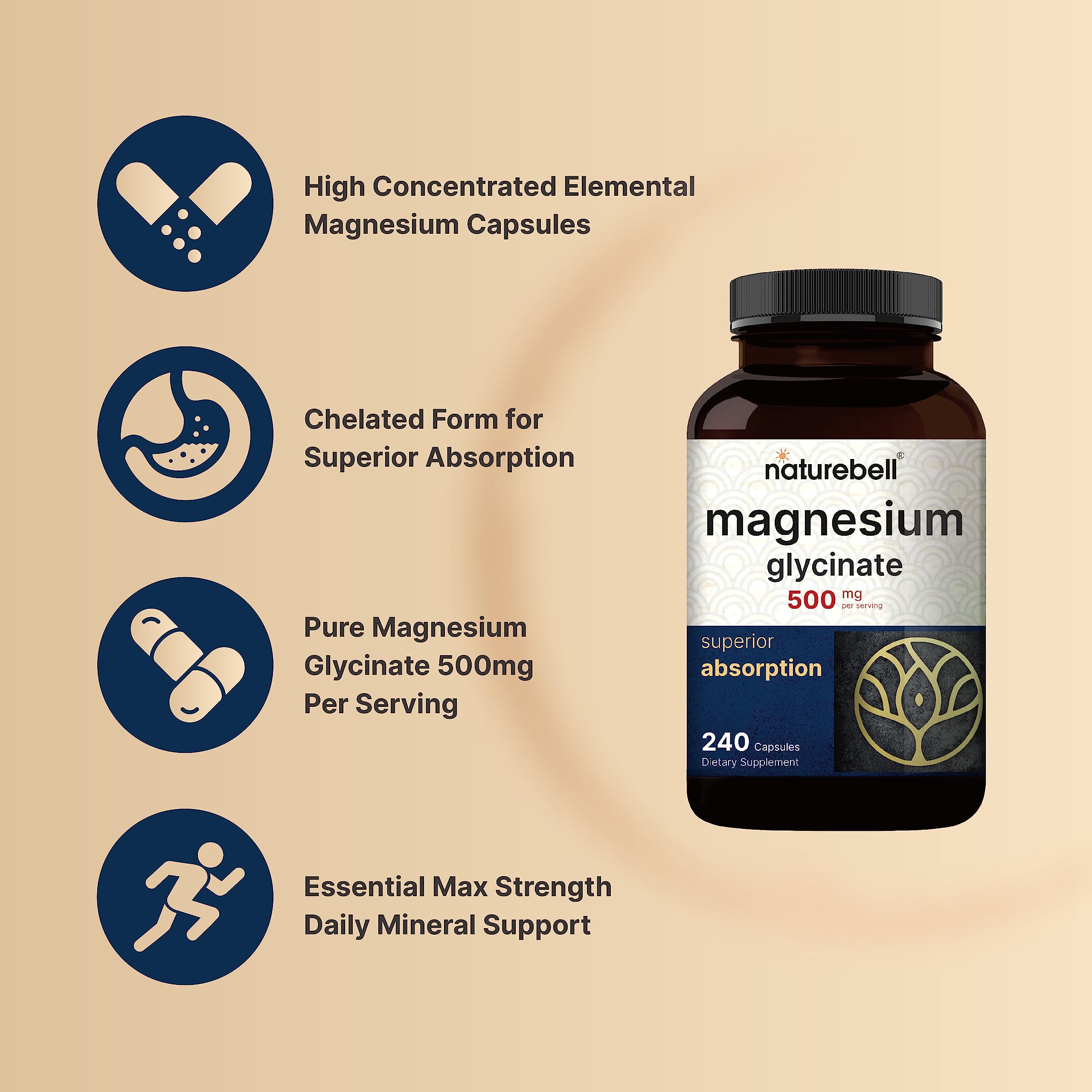 Magnesium Glycinate Capsules 500mg | 240 Count, 100% Chelated & Purified, 3rd Party Tested, Non-GMO & Gluten Free