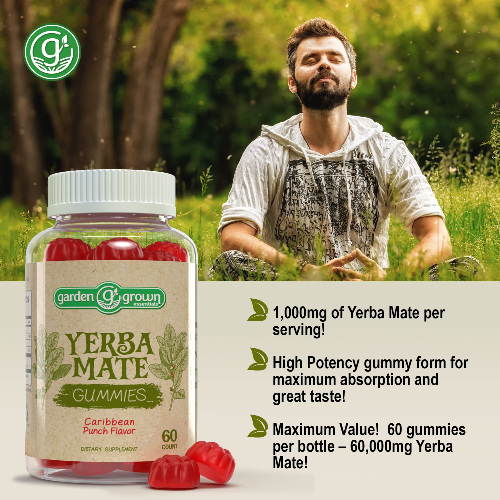 Yerba Mate Gummies - 1000 MG Per Serving 60,000 MG High Potency - Tastier, More Effective Way To Achieve Benefits of Yerba Mate - All Natural Energy and Clarity Boosting Gummy Supplement - Made in the USA (60 Count - Carribean Punch Flavor)