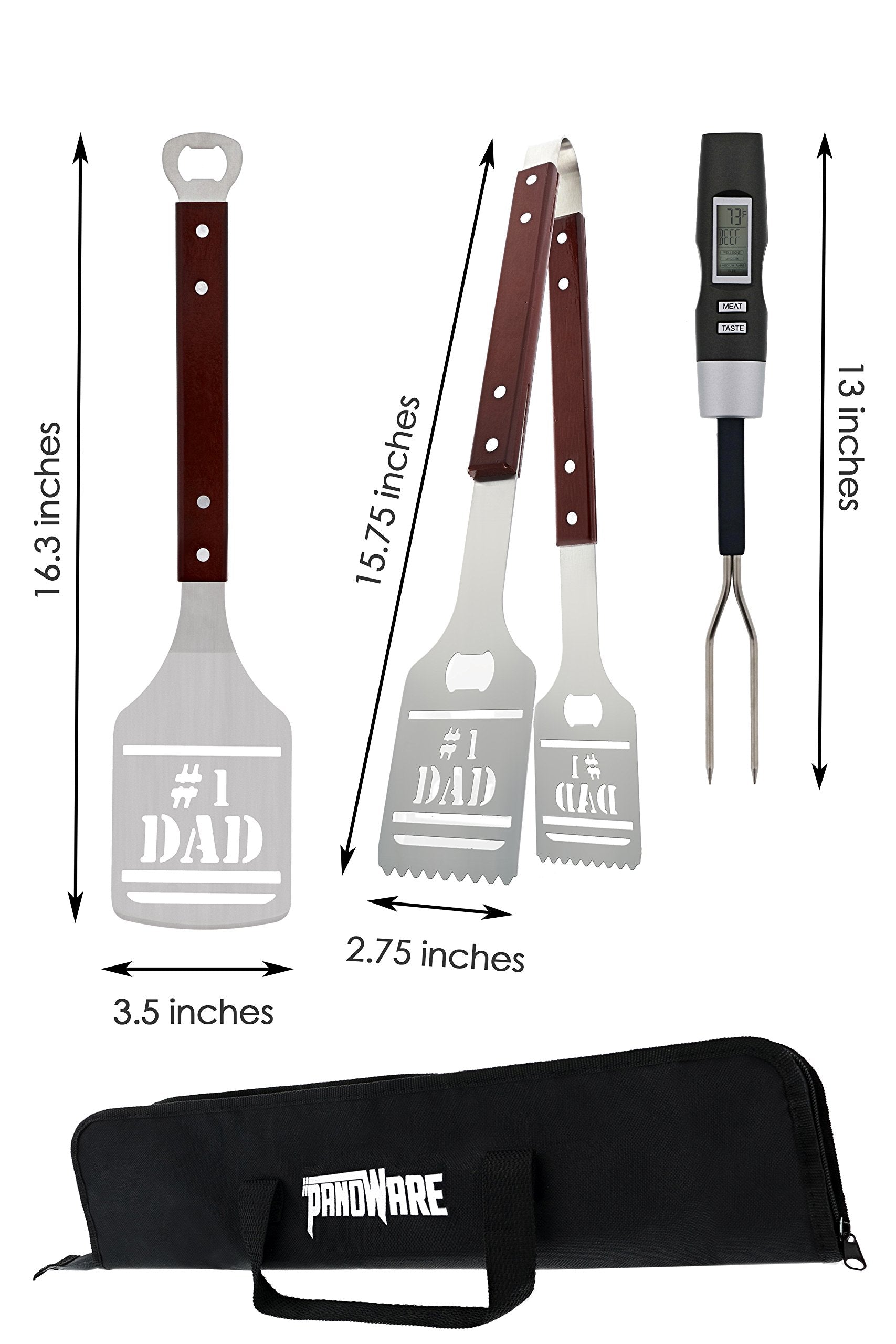 Panoware BBQ Grill Tools Set Gift for Dad, 4 Piece Set, Number 1 Dad Tongs, Spatula, Digital Thermometer and Case