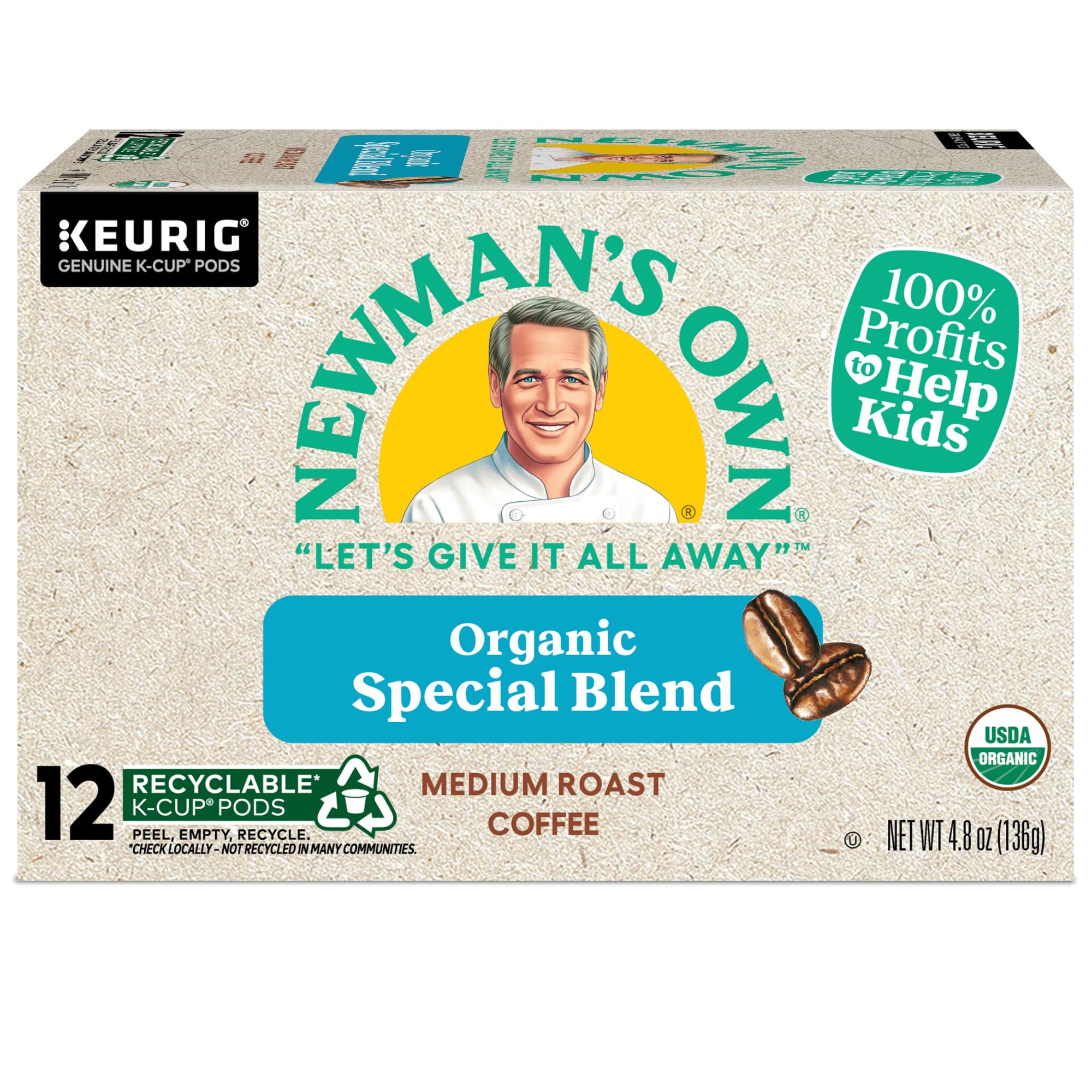 Newman's Own Organics Special Blend Keurig Single-Serve K-Cup Pods, Medium Roast Coffee, 72 Count (6 Packs of 12)